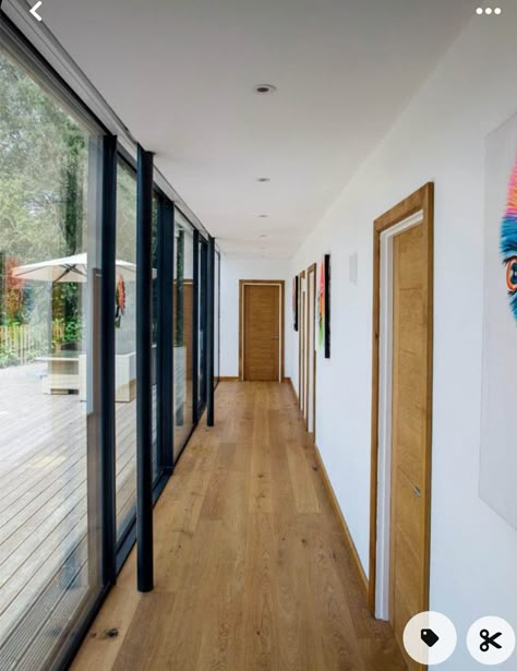 Floor To Ceiling Windows Hallway, House With Glass Hallway, Glass Corridor Walkways, Glass Link Corridor, Hallway With Windows On One Side, Glass Hallway House, Modern Floor To Ceiling Windows, Glass Windows Ideas, Hallway With Windows