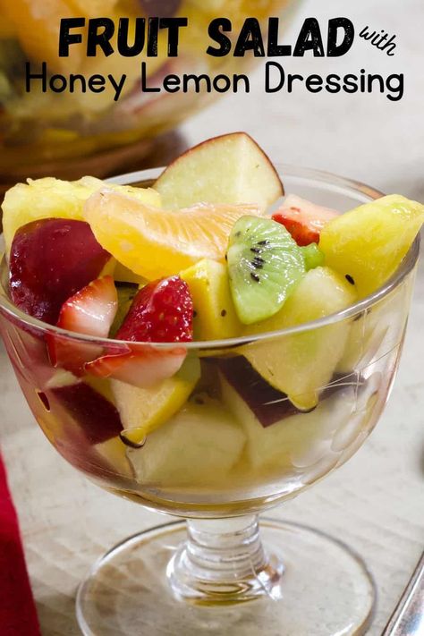 Fruit Salad with Honey Lemon Dressing is made with fresh fruit available all year round (even winter). Perfect for any potluck or gathering. Fruit Salad Dressing Recipe Honey, Fruit Dressing, Winter Fruit Salad, Honey Dressing, Dressing For Fruit Salad, Fresh Fruit Salad, Fruit Salad Easy, Winter Fruit, Lemon Sauce