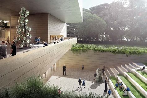 The proposed Chau Chak Wing Museum by Johnson Pilton Walker will include a cafe terrace and courtyard. Museum Courtyard, Lecture Hall, Corridor Design, Urban Landscape Design, Courtyard Design, Cafe Terrace, Lectures Hall, Garden Architecture, Victoria Park