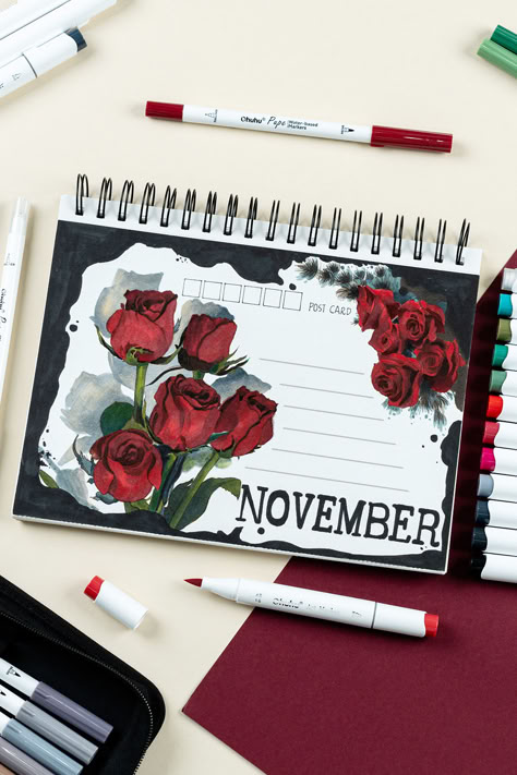 This eye-catching image showcases a beautiful bouquet of lush red roses against a dark backdrop. The bold "NOVEMBER" text adds a stylish touch, creating a visually striking and seasonally appropriate design. This would make an engaging and on-trend pin for a Pinterest board focused on autumn, floral design, or monthly planning and organization.#November #ohuhu #drawing #art #postcard #draingidea #illustraton #rose Touch Markers Drawing, November Text, Ohuhu Alcohol Markers, Postcard Drawing, Ohuhu Markers, Monthly Planning, Botanical Drawing, Marker Drawing, Alcohol Markers