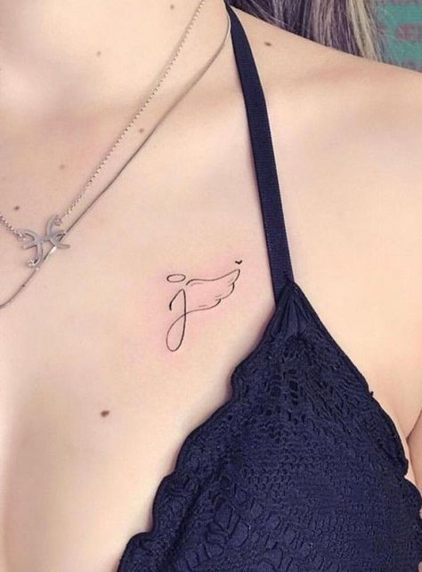 Tattoos For Late Grandma, Initial Wings Tattoo, Rip Tattoos For Husband, Angel Initial Tattoo, J Butterfly Tattoo, Minimalistic Memorial Tattoos, Tattoo For Past Loved Ones, Small Remembrance Tattoos Grandpa, Widow Tattoos For Women