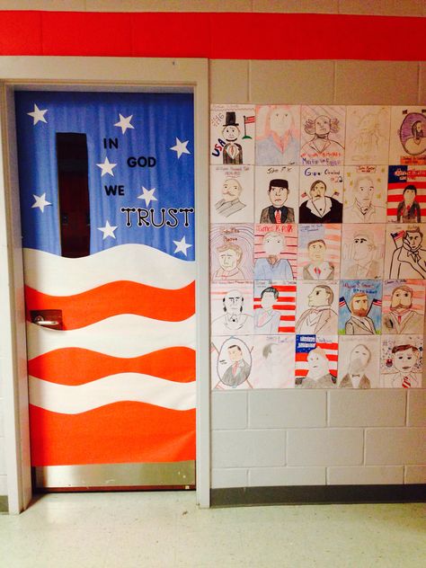 Classroom Door Decoration | Social Studies Patriotic Classroom Door, Patriotic Door Decorations Classroom, Social Studies Door Decorations, Patriotic Classroom Theme, Room Door Ideas, Patriotic Classroom, History Classroom Decorations, American History Classroom, Board Themes