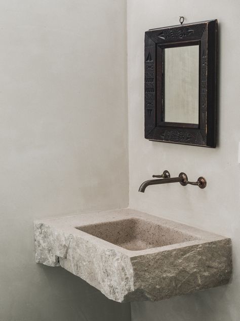 The Edit | Mediterranean Inspired Bathrooms Rustic Bed Linen, Mediterranean Bathroom, Timber Roof, Trough Sink, Est Living, Subtle Luxury, Timber Beams, Concrete Forms, Simple Bathroom