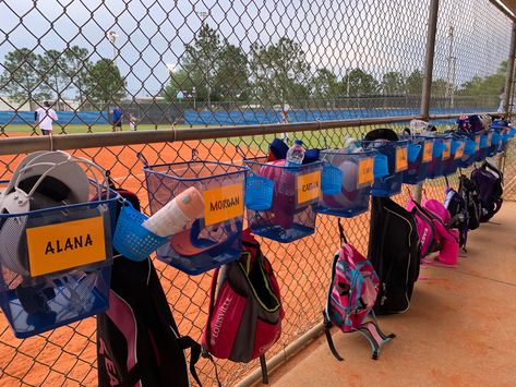 Team Mom Softball Ideas, Softball Dugout Organization Diy, T Ball Dugout Organization, Softball Dugout Ideas Team Mom, Baseball Baskets For Dugout, Baseball Team Mom Organization, Dugout Organization Softball, Dugout Organization Baseball, Softball Team Snack Ideas