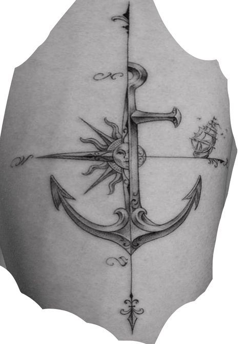 Unique Nautical Tattoo, Geometric Anchor Tattoo, Ship Compass Tattoo, Anchor Tattoo For Men, Gg Tattoo, Filter Tattoo, Vertical Tattoo, Star Tattoos For Men, Nautical Star Tattoos