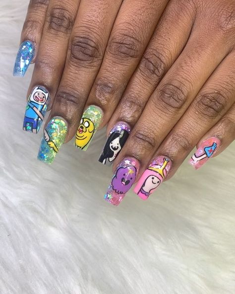 STING Beauty Studio on Instagram: “It’s Adventure Time 🗡 Hand painted characters and the gang’s all here! Book this look under ‘Character Art Full Set’ What cartoons should I…” Adventure Time Characters All, Adventure Time Nail Art, Cosmo And Wanda Nails, Marceline Nails, Adventure Time Nails, Painted Characters, Peppermint Butler, Character Nails, Cartoon Nails