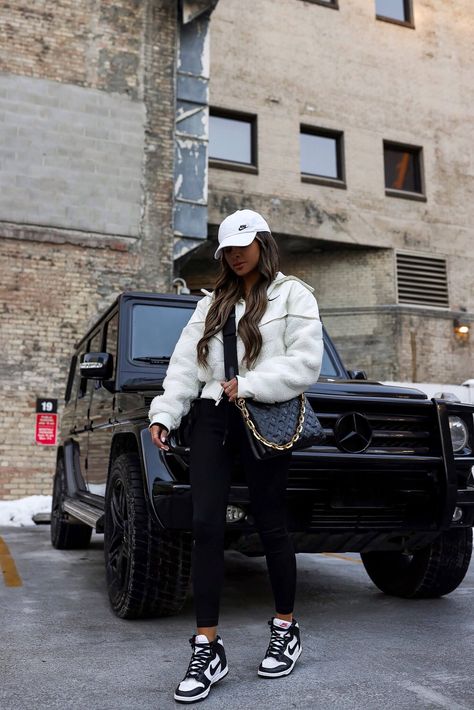 fashion blogger mia mia mine wearing black and white nike dunk high sneakers with an amazon workout set and a nike fleece jacket. #athleisure #casualootd #outfits Dunk High Outfit, Dunk Outfits, Nike Fleece Jacket, Panda Outfit, Dunk Outfit, Mia Mia Mine, Dunks Outfit, Mia Mia, Nike Looks