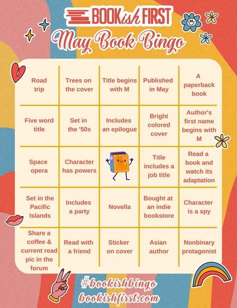 Road trip, Trees on the cover, Title begins with M, Published in May, A paperback book, Five word title, Set in the '50s, Includes an epilogue, Bright colored cover, Author’s first name begins with M, Space opera, Character has powers, Free space, Title includes a job title, Read a book and watch its adaptation, Set in the Pacific Islands, Includes a party, Novella, Bought at an indie bookstore, Character is a spy, Share a coffee & current read pic in the forum Bookish Bingo, Book Bingo, Bingo Books, Reading Bingo, Reading List Challenge, Space Character, Coffee Reading, Bingo Board, Reading Goals