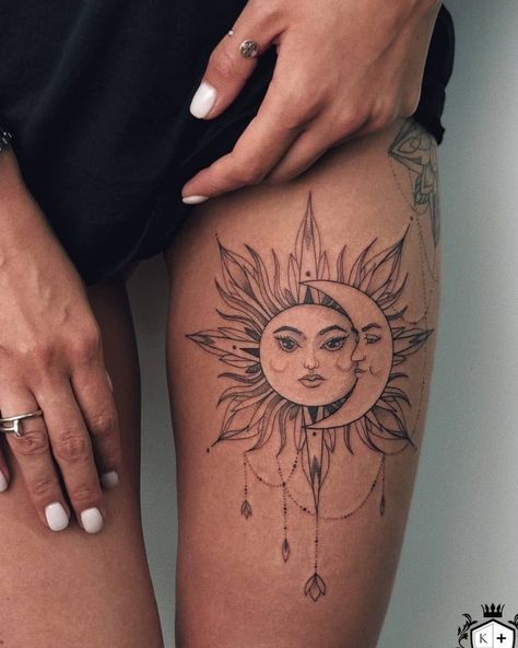 Dragon Thigh Tattoo, Infected Tattoo, Sunflower Tattoo Sleeve, Unique Small Tattoo, Sun And Moon Tattoo, Thigh Tattoo Designs, Moon Tattoos, Best Tattoos For Women, Moon Tattoo Designs