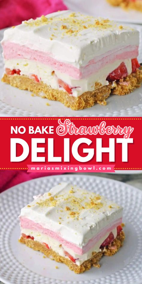 Looking for no bake summer recipe? You will love this no bake strawberry delight with cream cheese! It is delicious and bursting with fresh strawberry flavor. What are you waiting for? Add this no bake strawberry delight to your list of fun summer desserts! No Bake Strawberry Cream Pie, Easy Strawberry Desserts No Bake, Best Strawberry Dessert Recipes, Strawberry Cream Dessert, Strawberry Desserts Easy Quick, Desserts With Fresh Strawberries, Strawberry Yum Yum Recipe, No Bake Cream Cheese Filling, Recipes Using Frozen Strawberries