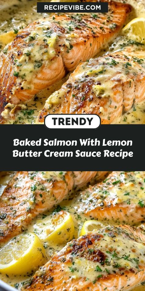 Treat yourself to a flavorful Baked Salmon with Lemon Butter Cream Sauce Recipe! This simple yet elegant dish features perfectly baked salmon fillets complemented by a creamy, zesty sauce. Ideal for busy weeknights or entertaining guests, this recipe is a standout in the world of salmon recipes. Lemon Butter Cream Sauce, Lemon Butter Garlic Sauce, Creamy Lemon Butter Sauce, Salmon Sauce Recipes, Simple Baked Salmon, Salmon With Cream Sauce, Baked Salmon With Lemon, Butter Garlic Sauce, Butter Cream Sauce