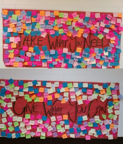 I had this idea floating around in my head about making an interactive bulliten board using pull tabs with sweet messages for my school and came across this which is a great option too!!! Totally doing this!!!! Counseling Bulletin Boards, Kindness Week, Interactive Bulletin Board, Spreading Kindness, Ra Ideas, Take What You Need, School Social Work, Student Council, Library Displays