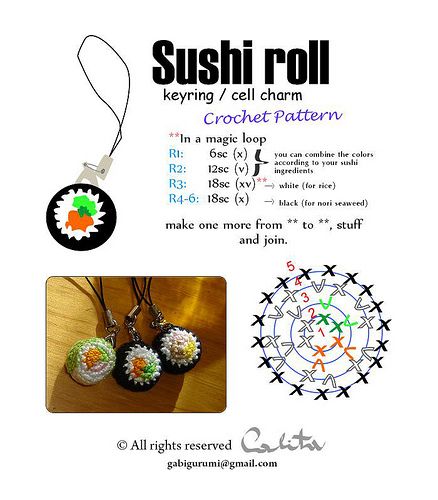 Crochet Sushi, Sushi Pattern, Amigurumi Food, Crochet Earrings Pattern, Crochet Keychain Pattern, Crochet Bee, Pola Amigurumi, Sushi Roll, Crochet Food