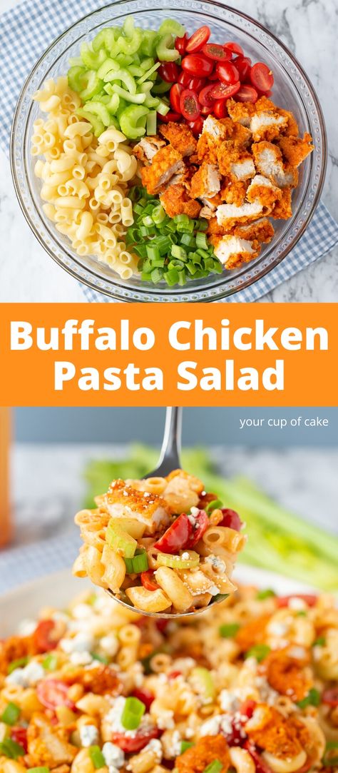 Easy Buffalo Chicken Pasta Salad - Your Cup of Cake Pasta Salad Dinner, Buffalo Chicken Pasta Salad, Chicken Pasta Salad Recipes, Crab Salad Recipe, Layered Salad Recipes, Easy Buffalo Chicken, Salad Dinner, Buffalo Chicken Pasta, Spinach Salad Recipes