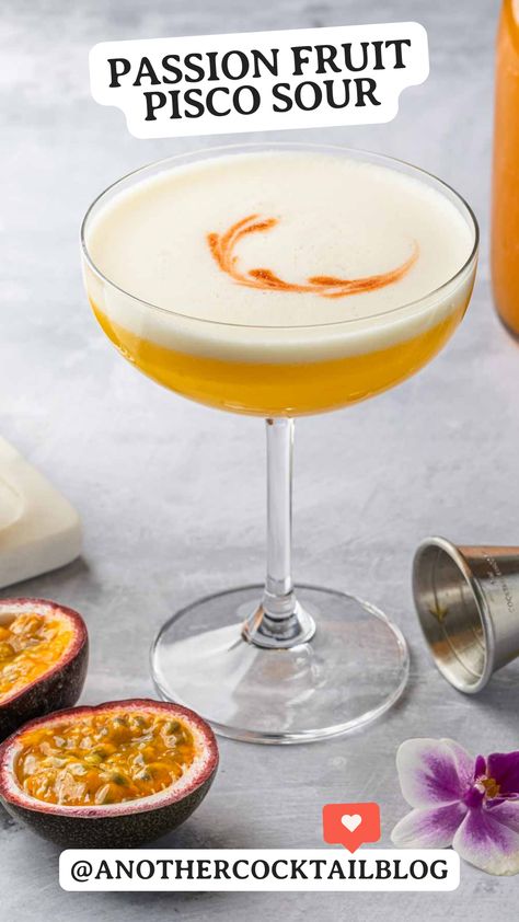 Passionfruit Sour Cocktail, Pisco Sour Recipe Peru, Passion Fruit Sour Cocktail, Passion Fruit Liquor Cocktails, Frothy Cocktails, Pisco Sour Recipe, Passionfruit Cocktail, Passion Fruit Cocktail, Yellow Passion Fruit