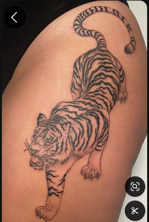 Tiger Thigh Tat, Tiger Tattoo Black Women, Tiger Tattoo For Women Hip, Snow Tiger Tattoo, Tiger Tattoo For Women Thighs, Tiger Thigh Tattoo For Women, Tiger Side Tattoo, Tiger Tattoo On Thigh, Female Tiger Tattoo