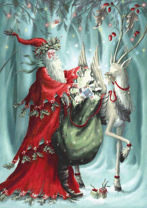 Santa Claus carrying a sack of Christmas presents and one of his flying reindeer. Santa Klaus, Christmas Fairy, Christmas Scenes, Noel Christmas, Santa And Reindeer, Vintage Christmas Cards, Christmas Paintings, Christmas Illustration, Father Christmas