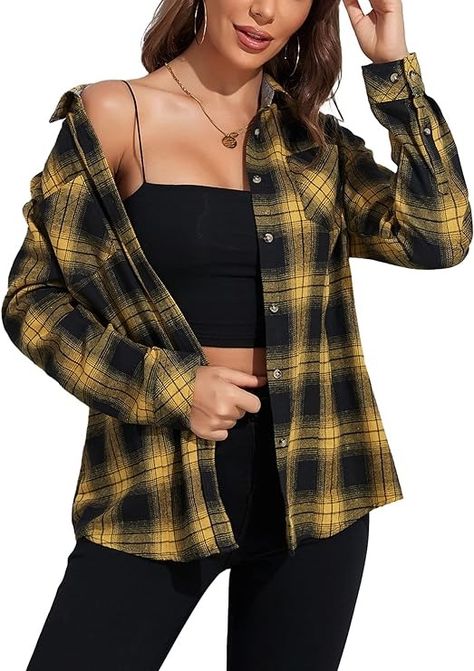 KevaMolly Plaid Long Sleeve Flannel Shirts for Women Loose Fit Boyfriend Button Down Shirt Casual Flannel Blouse Tops Black Yellow L at Amazon Women’s Clothing store Flannel Shirts For Women, Yellow Plaid Shirt, Flannel Blouse, Plaid Shirt Women, Womens Flannel Shirt, Flannel Shirts, Long Sleeve Flannel, Blouse Tops, Yellow Plaid