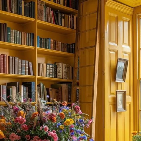 Home Office Ideas Yellow, Mustard Bookcase, Yellow Built Ins, Built In Paint Colors, Yellow Office Ideas, Yellow House Interior, Yellow Bookcase, Yellow Shelves, Yellow Sitting Room