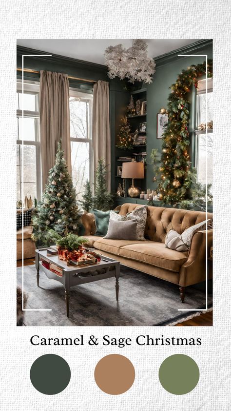 Sage Green And Cream Christmas Decor, Christmas Decor Ideas Velvet, Sage Green And Cream Christmas Tree, Sage Green Christmas Tree Decorations, Sage Green And Gold Christmas Tree, Green Brown Christmas Decor, Green Velvet Christmas Decor, Green And Cream Christmas Decor, Green Christmas Decor Living Room