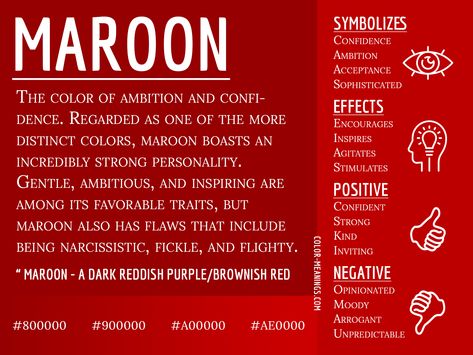 Maroon Color Meaning - The Color Maroon Symbolizes Ambition and Confidence What Do Colors Mean, Colour Psychology, Maroon Colour, Color Symbolism, Color Healing, Colors And Emotions, Color Meanings, Color Magic, Color Psychology