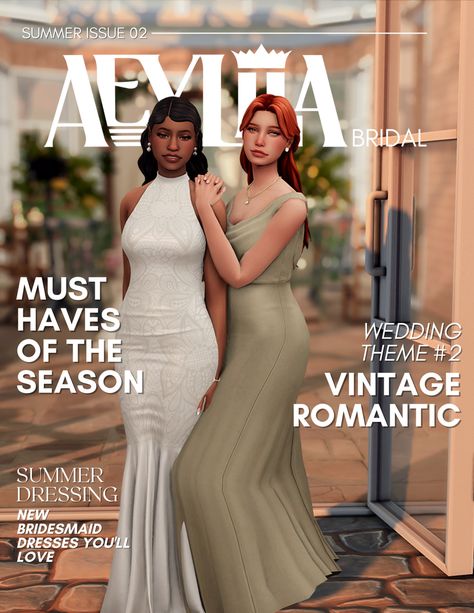 by @aeyliiabridal Summer issue 02 is out! So excited to share these magazine styled lookbooks with you, and I hope they inspire you to create something magical for your sims weddings. All of these… Sims 4 Tiara Maxis Match, Madlen Sims 4 Cc Clothes, Sims 4 Cc Clothes Serenity, Sims 4 Bridal Cc, Sims 4 Prom Dress Cc Maxis Match, Serenity Sims 4 Cc, Sims4 Wedding Dress, Sims 4 Maxis Match Dress, Dresses Sims 4