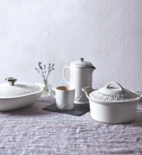 Bring on spring. 🌸 With delicate embossed flowers, the Le Creuset Fleur Collection embodies springtime. Cocotte Recipe, Le Creuset White, Le Crueset, Caramelized Shallots, Dutch Oven Bread, Roasted Pear, Enameled Cast Iron Cookware, Lemon Kitchen, Le Creuset Stoneware