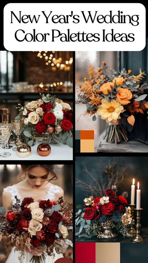 Find the perfect New Year's Wedding color palettes to elevate your big day. From shimmering golds and midnight blues to sparkling silvers, these festive combinations will set the tone for a magical celebration. Create an unforgettable wedding with timeless color schemes. Start planning your New Year's wedding with these stylish ideas for a celebration full of charm and elegance. New Years Eve Wedding Color Scheme, Elegant Wedding Color Schemes Classy, New Years Day Wedding, January Wedding Colors, Wedding Color Schemes Winter, Elegant Wedding Colors, New Years Wedding, New Years Eve Wedding, January Wedding