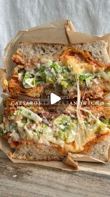 Erin Silberman on Instagram: "Caesaroni Pizza Sandwich 

•Follow @seriousfoodfetish for more recipes, restaurant recs & food trends•

There’s a place in Toronto called @vildastoronto who makes the most aesthetically beautiful sandwiches along with this amazing mashup of pepperoni pizza & caesar salad. I love putting salad on top of my pizza, so this makes it even easier to eat! This sandwich is so simple but really unreal & just moved up on the list as one of my favorites!

Ingredients 
•bread or roll (used ciabatta, but vilda’s uses a roll)
•shredded or sliced mozzarella 
•marinara
•pepperoni 
•shredded or grated parm 
•shredded romaine 
•caesar dressing
•croutons, crushed

Recipe
*preheat oven to 400 F
1. On each slice of bread, add marinara, parm, then mozzarella. 
2. Add pepperoni to o Beautiful Sandwiches, Mozzarella Marinara, Pepperoni Sandwich, Caesar Salad Pizza, Recipes Restaurant, Pizza Salad, Sandwich Bread Recipes, Pizza Sandwich, Toast Sandwich