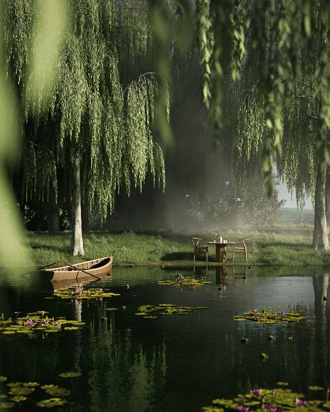 Magical Pond, Victorian Greenhouses, Calming Images, Monet's Garden, Surreal Scenes, Areas Verdes, Weeping Willow, Fantasy Castle, 3d Artwork