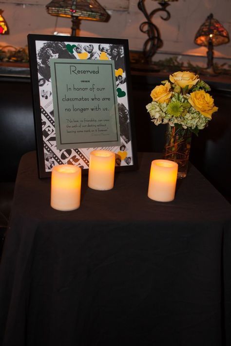 Classmate Memorial Ideas, 20 Year Class Reunion Ideas, Reunion Decoration Ideas, Class Reunion Centerpieces, 20 Year Class Reunion, Class Of 1993, Class Reunion Ideas, High School Reunion Planning, Highschool Reunion