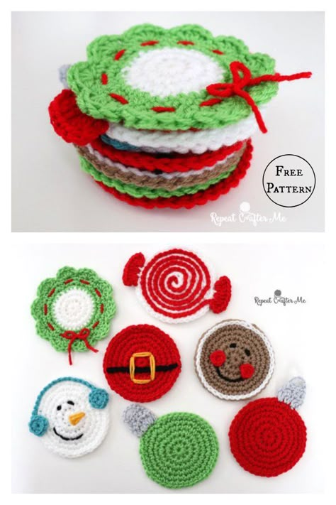 Snowman Coasters Crochet, Crochet Christmas Coasters Free Patterns, Crocheted Christmas Ornaments, Crochet Vibes, Potholder Patterns Free, Holiday Crochet Patterns, Coaster Crochet, Crochet Coasters Free Pattern, Crochet Ornament Patterns