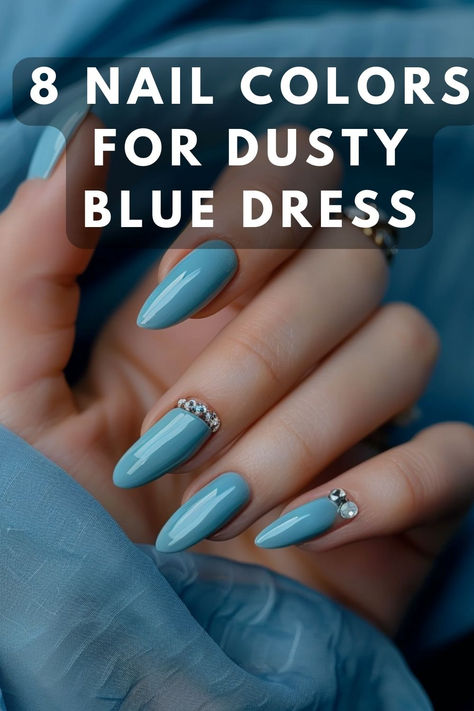 Wondering what nail color goes best with a dusty blue dress? Let us help you find the perfect match! From soft pastel shades like baby pink and lavender to bold choices like metallic silver or glittery gold, there are endless possibilities to enhance your overall look. Whether you want to go for a subtle and elegant vibe or make a statement with a pop of color, click now to discover the ideal nail colors to complete your dusty blue dress ensemble. #NailColorsForDustyBlueDress #PerfectMatch Nails For Steel Blue Dress, Nails To Match Periwinkle Dress, Nail Color For Dusty Blue Dress, Nails For Dusty Blue Dress, Nail Color With Blue Dress, Dusty Blue Nails With Design, Dusty Blue Nails, Nails For Blue Dress, Steel Blue Dress