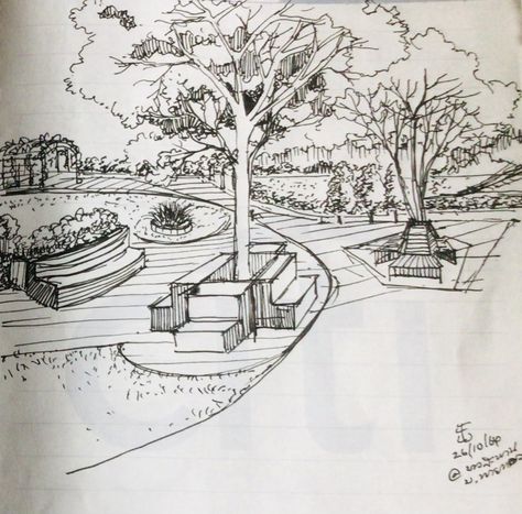 Park Perspective Drawing, Perspective Landscape Drawing, Perspective Drawing Ideas, Park Sketch, Paint Swatch Art, Park Drawing, Landscape Architecture Park, Perspective Sketch, Building Sketch