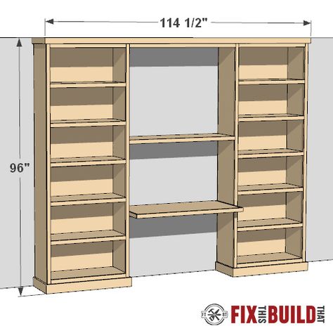 Build Plans Living Room Cabinets, Creative Bookshelves Diy, Diy Built In Desk, Bookcase Woodworking Plans, Custom Bookcase, Integrated Desk, Diy Built In, Bookcase Plans, Bookshelf Cabinet