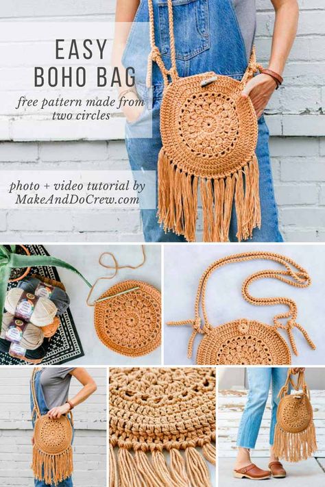 Learn how to make a stylish, fringed crochet boho purse from two simple circles in this free pattern + video tutorial. Bohemian style is so on-trend and this hippie bag looks far from DIY-ed. Perfect size for festivals or date nights.  #crochet #freepattern #boho #videotutorial #fringe #hippie #purse #bag via @makeanddocrew Crochet Boho Purse, Purse Patterns Free, Boho Crochet Patterns, Tote Crochet, Make And Do Crew, Crochet Boho Bag, Circle Purse, Hippie Purse, Crochet Shoes Pattern