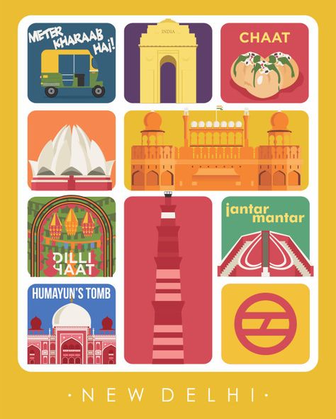 Delhi Illustration, New Delhi Illustration, India Tourism Illustration, Delhi Poster, Indian Tourism Poster, Monuments Of India Collage, Visit India Posters, India Poster, Graphic Design Style