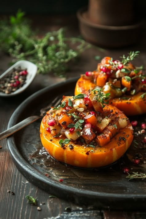 Stuffed squash rings with a colorful mix of vegetables and herbs. Vegan Gf Fall Recipes, Healthy Pumpkin Recipes Dinner, Mini Pumpkin Recipes, Whole Pumpkin Recipes, Fall Dinners For Family, Stuffed Pumpkin Recipes, Pumpkin Recipes Savory, Pumpkin Meals, Cozy Fall Meals