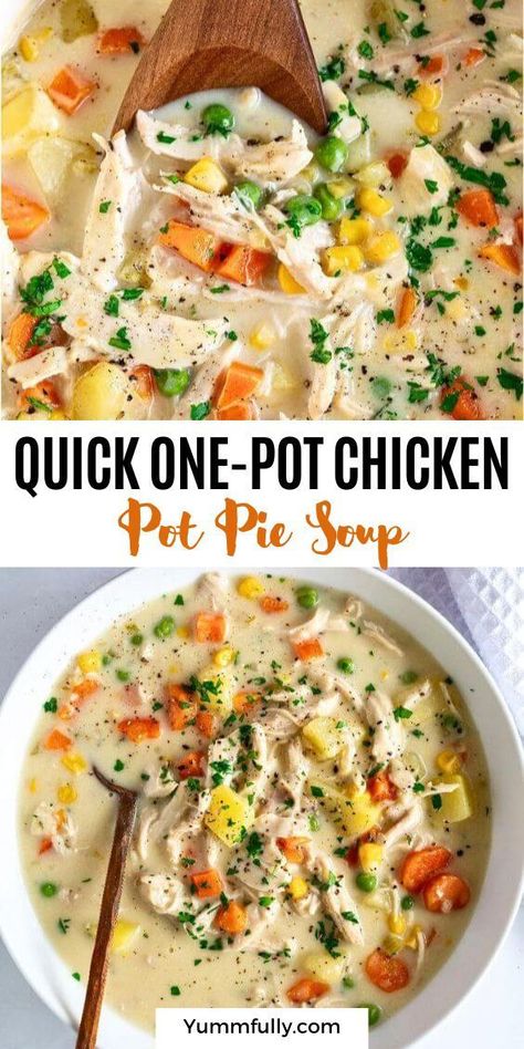 Chicken Pot Pie Soup is comfortable in a bowl! It’s easy to make, rich, creamy, and full of fresh vegetables. It’s the perfect way to use leftover rotisserie chicken and the perfect simple dinner idea that checks all the boxes when you want something quick yet delicious and satisfying! Chicken Pot Pie Soup Recipe, Rotisserie Chicken Soup, Leftover Rotisserie, Simple Family Meals, Chicken Pot Pie Soup, Pot Pie Soup, Easy Chicken Pot Pie, Leftover Rotisserie Chicken, Lasagna Soup