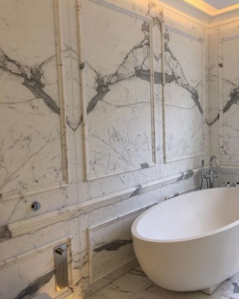 Marble Classic Bathroom, Marble Wainscoting Bathroom, Marble Trim Bathroom, Statuario Marble Bathroom, Marble Walls Bathroom, Marble And Panelled Bathroom, Marble En Suite, Marble Panel Bathroom, Marble Wc