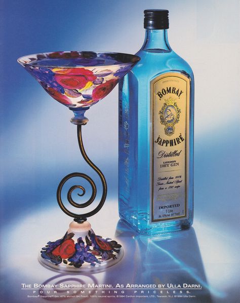 #BOMBAYSAPPHIRE Martini as arranged by Ulla Darni. Bombay Sapphire Gin, Blue Martini, Bombay Sapphire, London Dry Gin, Google Translate, Dry Gin, Paper Roses, Vintage Ephemera, Absinthe Fountain