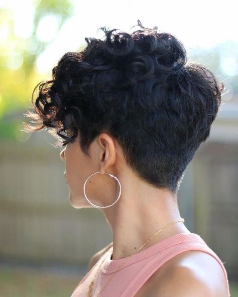 Curly Pixie Undercut Shaved Sides, Thick Curly Pixie Haircut, Curly Short Hairstyles For Women, Short Permed Hair Pixie, Short Hair Perm Pixie Cuts, Curly Undercut Women, Feminine Pixie Haircut Curly, Short Haircuts For Curly Hair Women, Pixie Hairstyles Curly