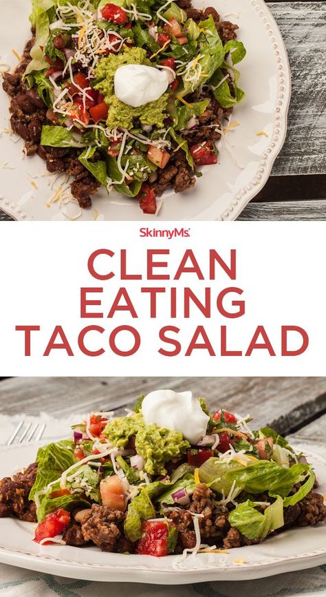 This zesty Clean Eating Taco Salad offers a nutritional profile you can feel good about. It's the perfect hearty meal to make on a busy schedule.  #cleaneating #recipe #salad Clean Taco Salad, Clean Eating Taco Salad, Clean Tacos, Taco Salad Recipe Healthy, Clean Eating Tacos, Clean Eating Salad Recipes, Taco Salad Recipes, Recipe Salad, Clean Eating Meal Plan