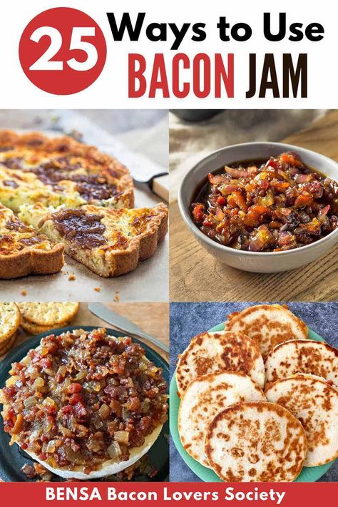 A quiche with bacon jam, plus a bowl of the condiment, cheese and quesadillas. Uses For Bacon Jam, Maple Bacon Onion Jam Appetizers, How To Use Bacon Jam, What To Do With Bacon Jam, Bacon Jam Breakfast Sandwich, Bacon Jam Sandwich, Appetizers With Bacon Jam, Bacon And Onion Jam, Bacon Jam Chicken