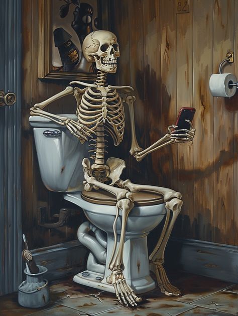 #OilPainting #Skeleton #Toilet #MobilePhone #1960sBathroom #Vintage #Horror #Spooky #Halloween #HighlyDetailed #3:4AspectRatio Ghost On Toilet, Skeleton On Toilet, Funny Halloween Pics, Skeleton On Phone, Funny Halloween Pictures, 1960s Bathroom, Skeleton Sitting, Really Cool Backgrounds, Skeleton Pics