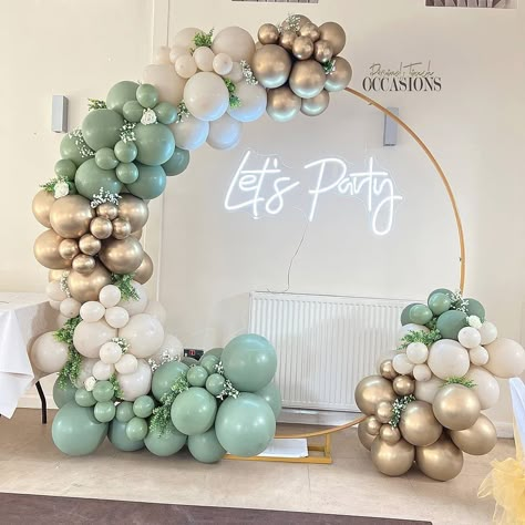 Green Gold Cream Balloon Garland, Pastel Green Balloon Garland, Olive Green Gold And White Balloons, Lilac And Sage Balloon Garland, Sage Green And White Balloon Garland, Sage And Gold Balloon Arch, Balloon Arch 3 Colors, Green White And Gold Birthday Decorations, Balloon Arch 18th Birthday