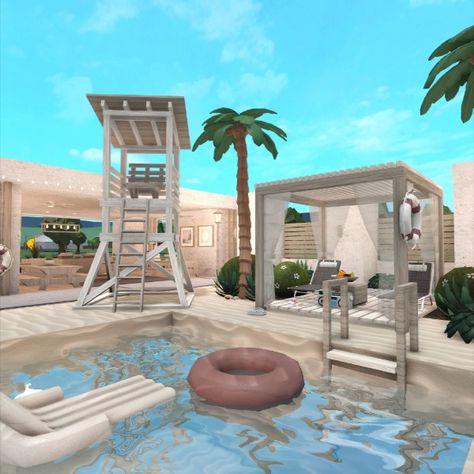 █▓▒▒░░░minimalist modern beach resort░░░▒▒▓█ Bloxburg Tiki Bar, Big Beach House Layout, Bloxburg Pool Ideas Aesthetic, Bloxburg Beach House Backyard, Bloxburg Beach Backyard, Hawaiian Bloxburg House, Bloxburg Beach Mansion, Bloxburg Beach Ideas, Beach House Ideas Bloxburg