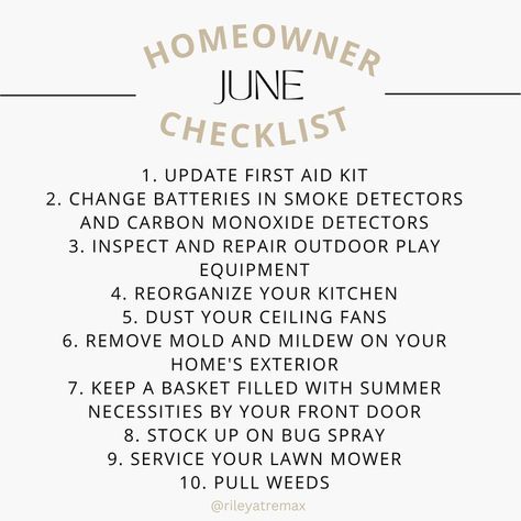 June homeowner checklist. Save this and reference it when you're doing house chores! #homeowner #home #clean #organize #interior June Cleaning Checklist, Homeowner Checklist, Monthly Checklist, Happy Homemaking, Home Maintenance Checklist, Maintenance Checklist, House Chores, Life Binder, Cleaning List