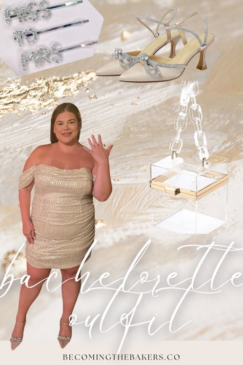 Plus size bride bachelorette party inspiration, gold sequin body con dress, silver bow heels, clear acryllic purse, miss to mrs bobby pins Plus Size Bachelorette Outfit For Bride, Plus Size Bachelorette Outfit, Silver Bow Heels, Flapper Outfit, Heels Clear, Gold Bachelorette, Bride Hair Pins, Hair Bride, Plus Size Brides