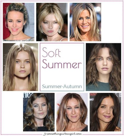 Soft Summer, Summer-Autumn seasonal color celebrities by 30somethingurbangirl.com Soft Summer Celebrity, Soft Summer Examples, Soft Summer Celebrities, Color Analysis Summer, Summer Skin Tone, Celeb Pictures, Soft Summer Palette, Soft Summer Color Palette, Autumn Soft